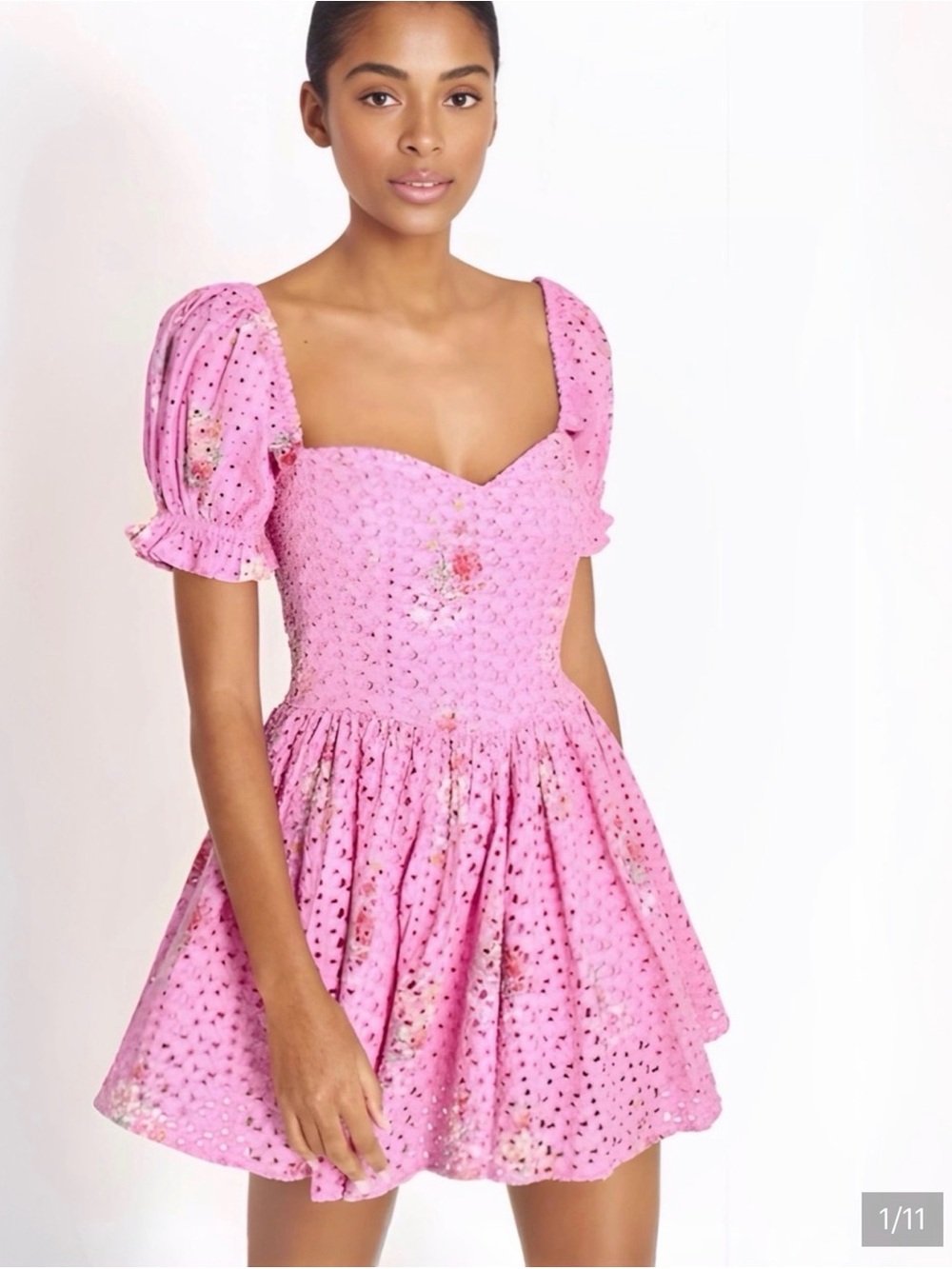 LoveShackFancy Pink Eyelet Puff-Sleeve Mini Dress